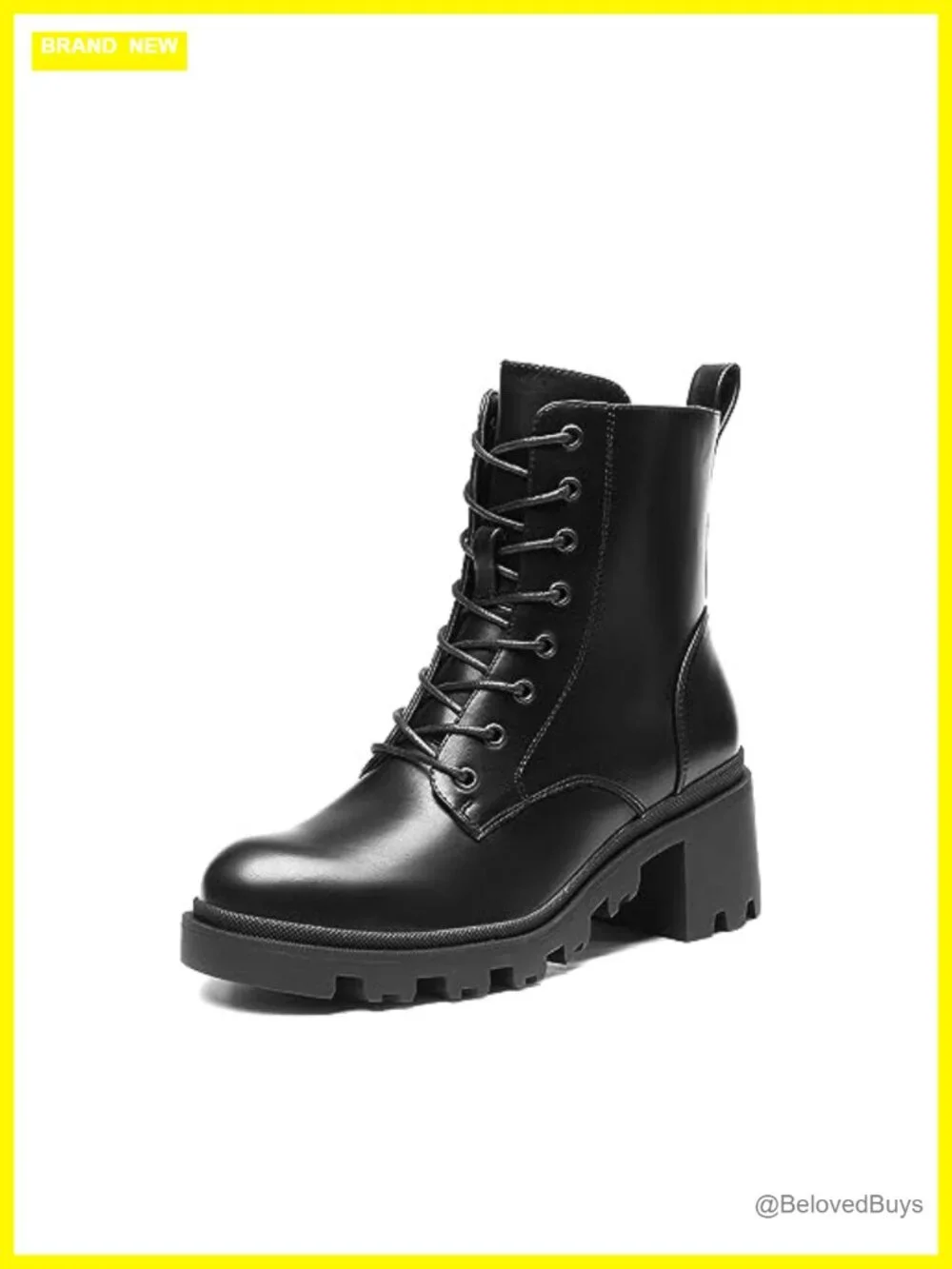 Chunky Heel Lace Up Combat Ankle Boots PU Leather Zip Booties